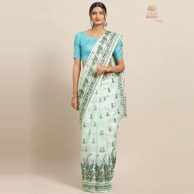 Eye-catching Sky Blue Colored Casual Wear Floral Printed Linen Saree