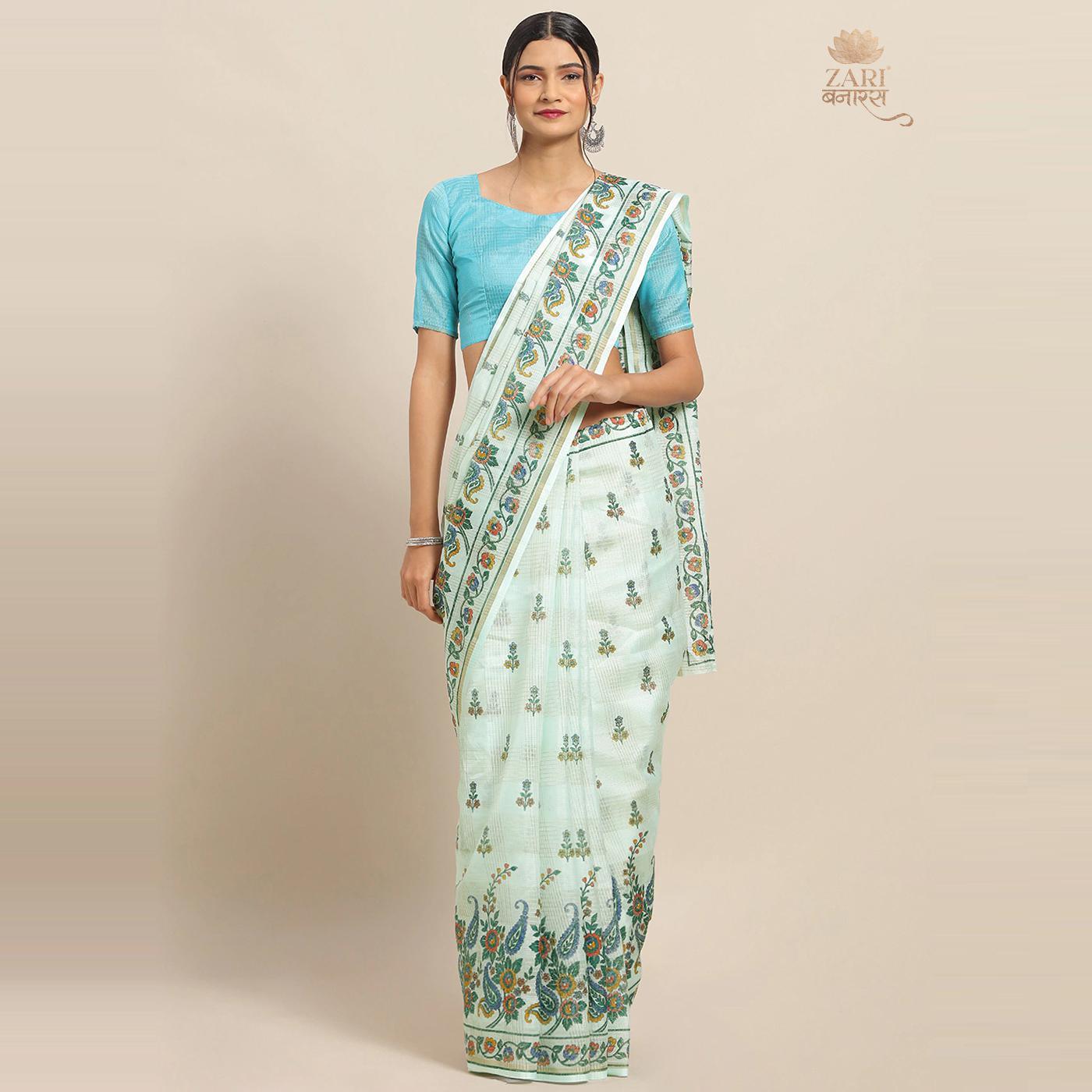Eye-catching Sky Blue Colored Casual Wear Floral Printed Linen Saree