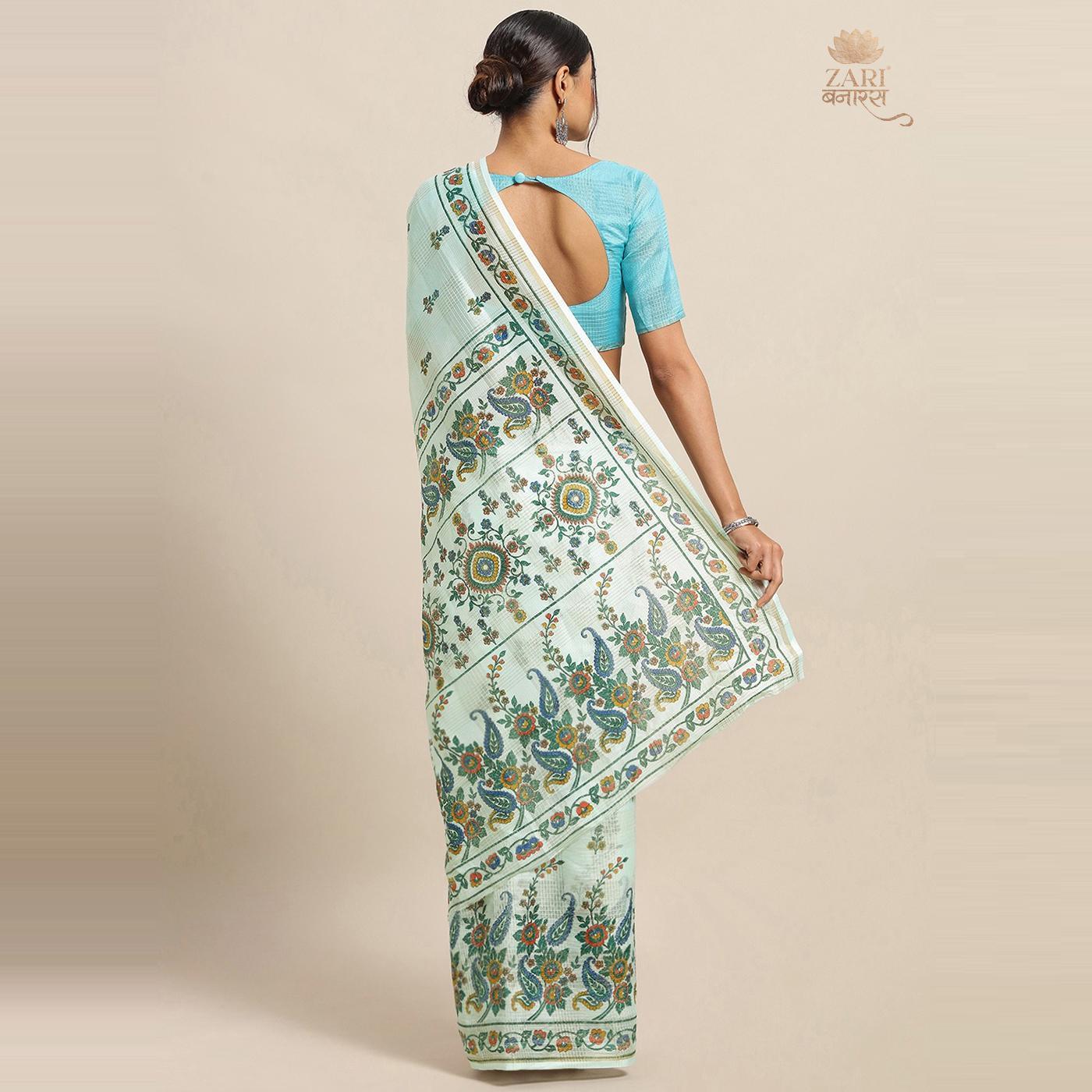 Eye-catching Sky Blue Colored Casual Wear Floral Printed Linen Saree