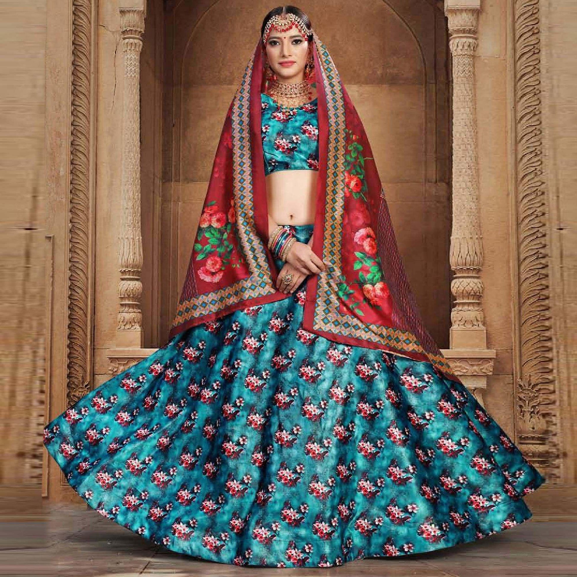 Eye-catching Sky Blue Colored Wedding Wear Printed Art Silk Lehenga Choli