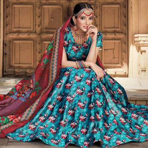 Eye-catching Sky Blue Colored Wedding Wear Printed Art Silk Lehenga Choli
