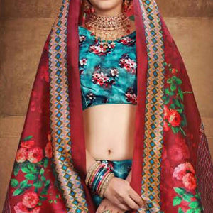 Eye-catching Sky Blue Colored Wedding Wear Printed Art Silk Lehenga Choli