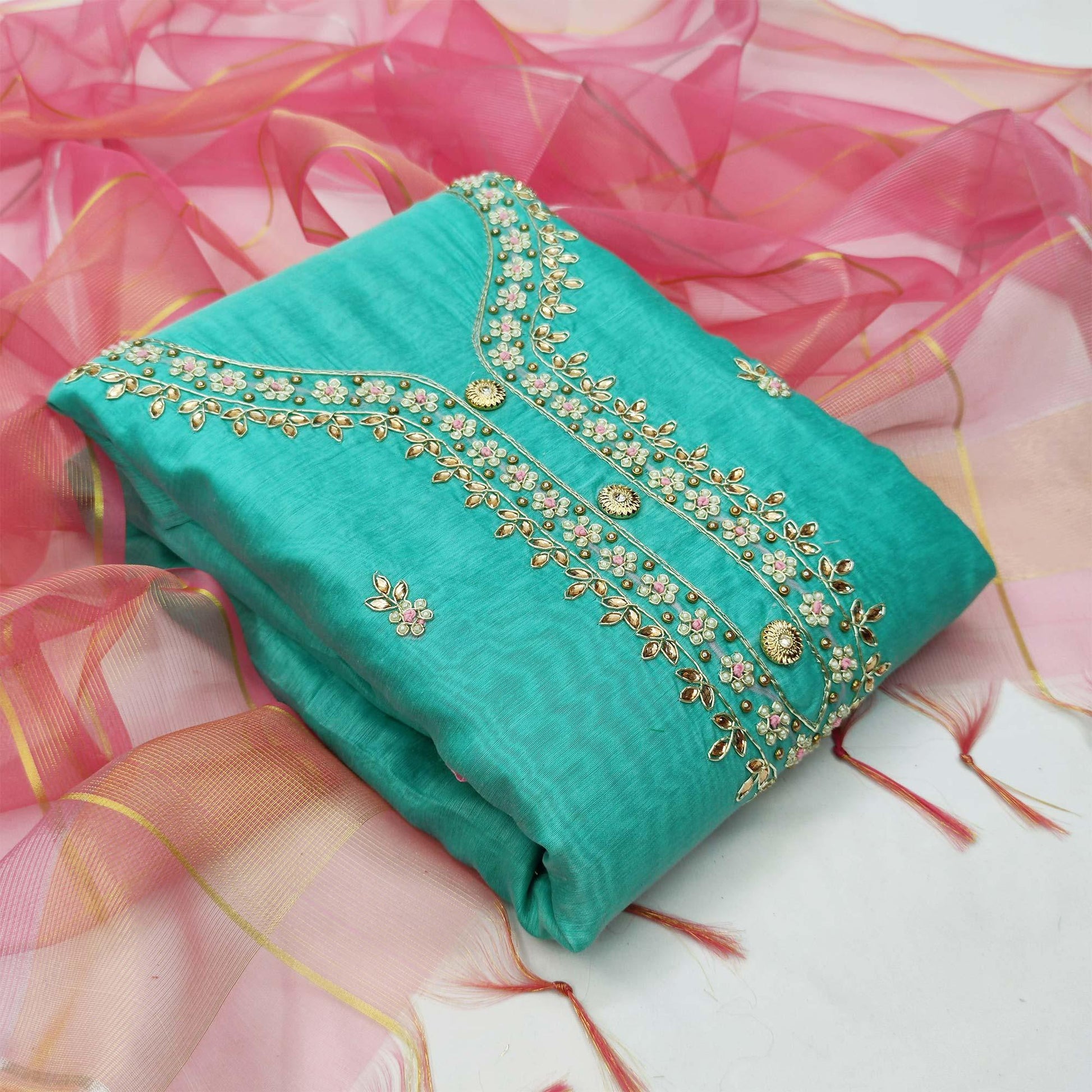 Eye-catching Turquoise Blue Colored Casual Embroidered Modal Chanderi Dress Material