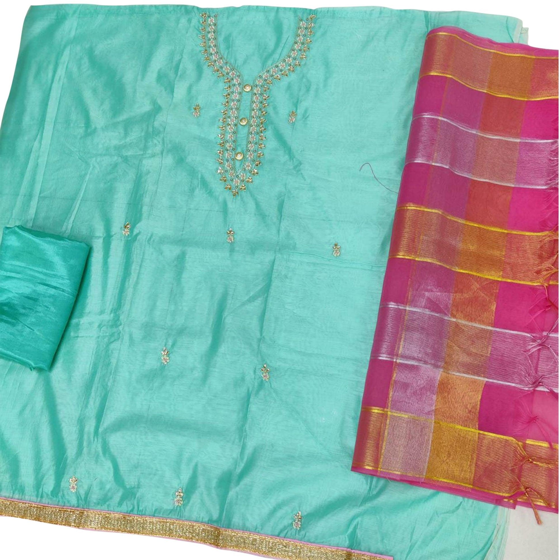 Eye-catching Turquoise Blue Colored Casual Embroidered Modal Chanderi Dress Material
