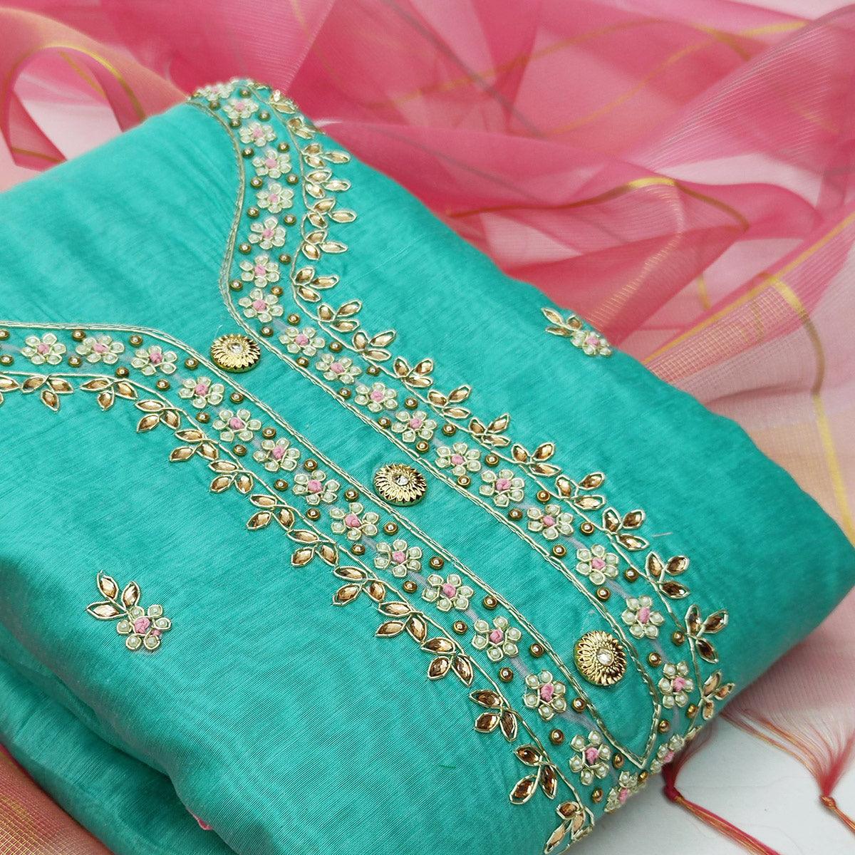 Eye-catching Turquoise Blue Colored Casual Embroidered Modal Chanderi Dress Material