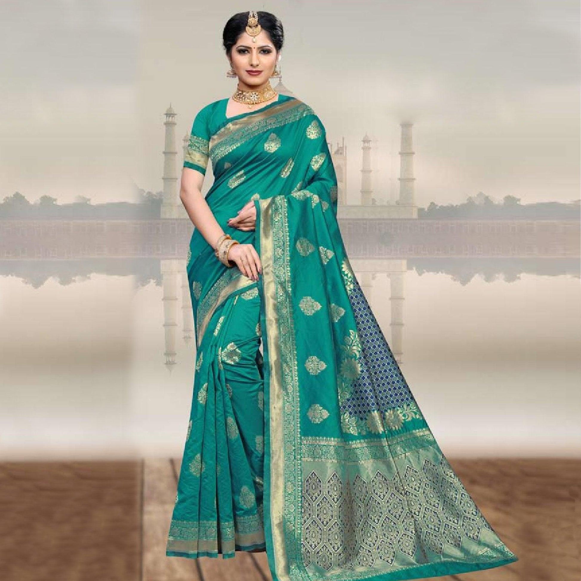 Eye-catching Turquoise Green Colored Festive Wear Woven Art Silk Saree