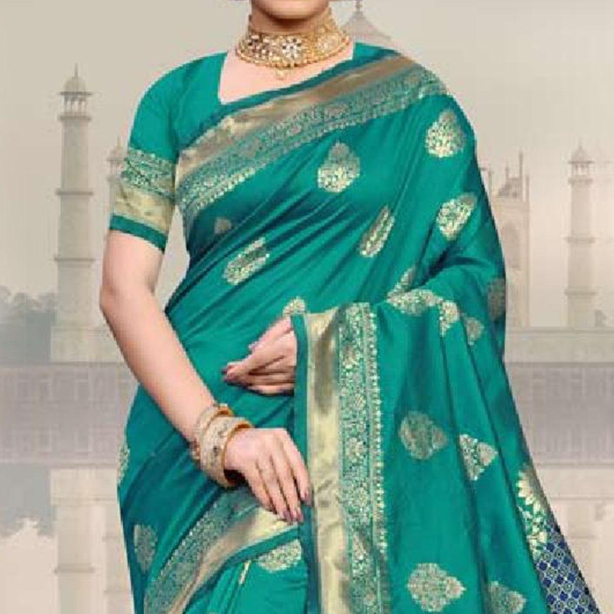 Eye-catching Turquoise Green Colored Festive Wear Woven Art Silk Saree