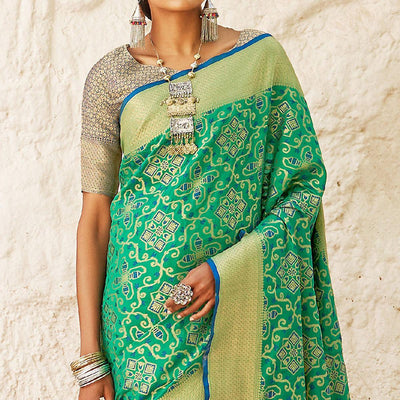 Eye-catching Turquoise Green Colored Festive Wear Woven Silk Saree