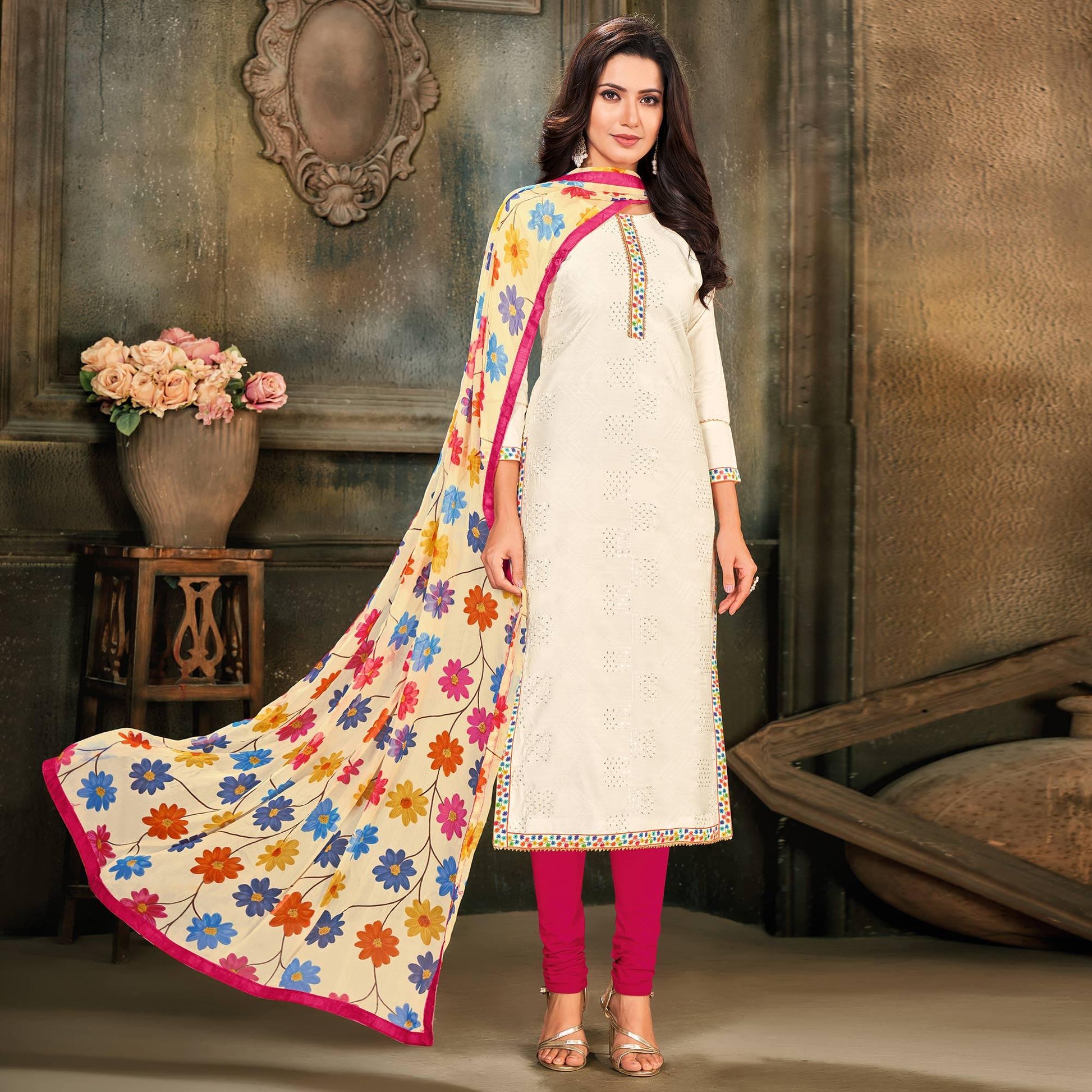 Eye-catching White Colored Partywear Embroidered Chanderi Dress Material
