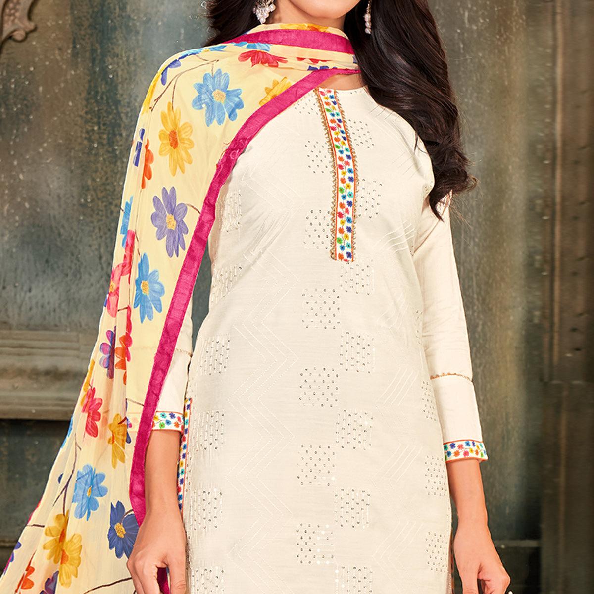 Eye-catching White Colored Partywear Embroidered Chanderi Dress Material
