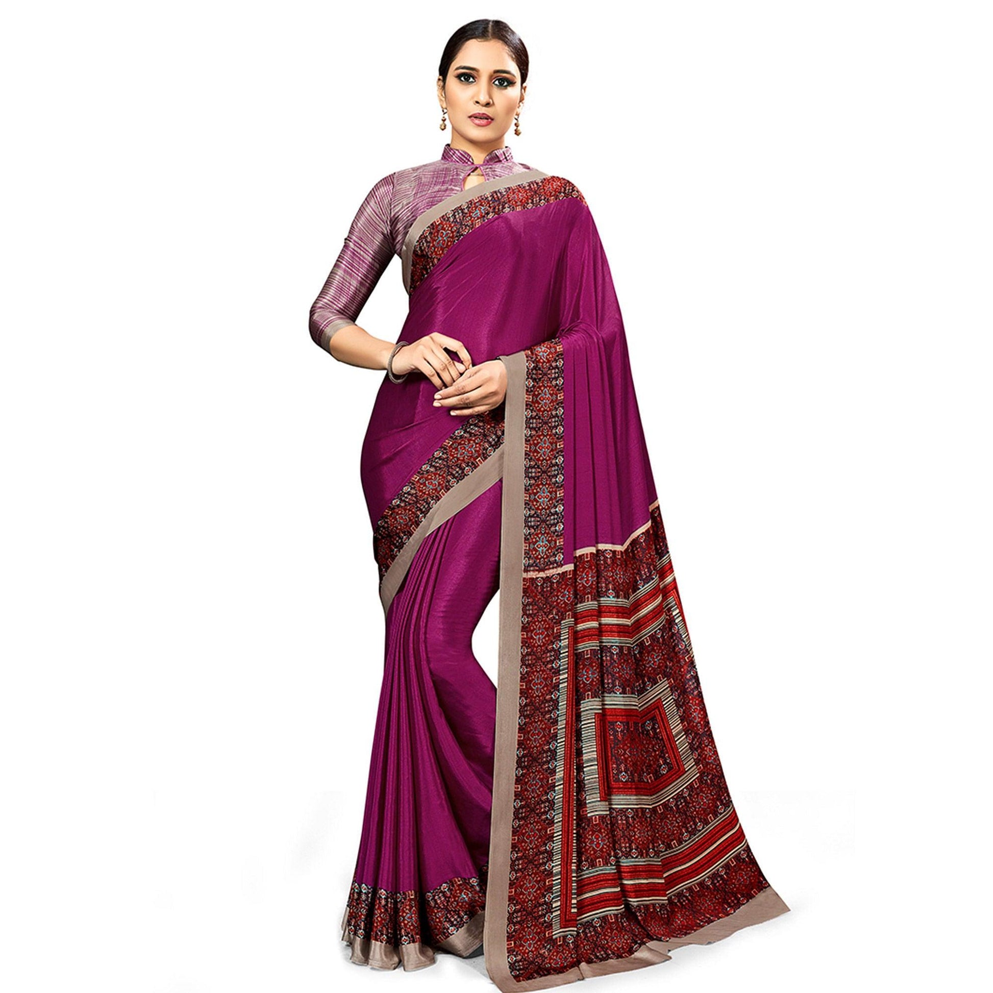 Eye-catching Wine Colored Casual Wear Printed Crepe Saree