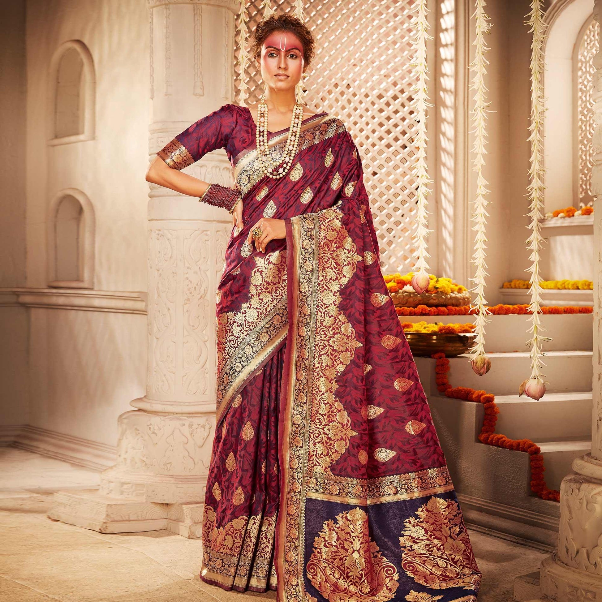 Eye-catching Wine Colored Festive Wear Woven Banarasi Silk Saree
