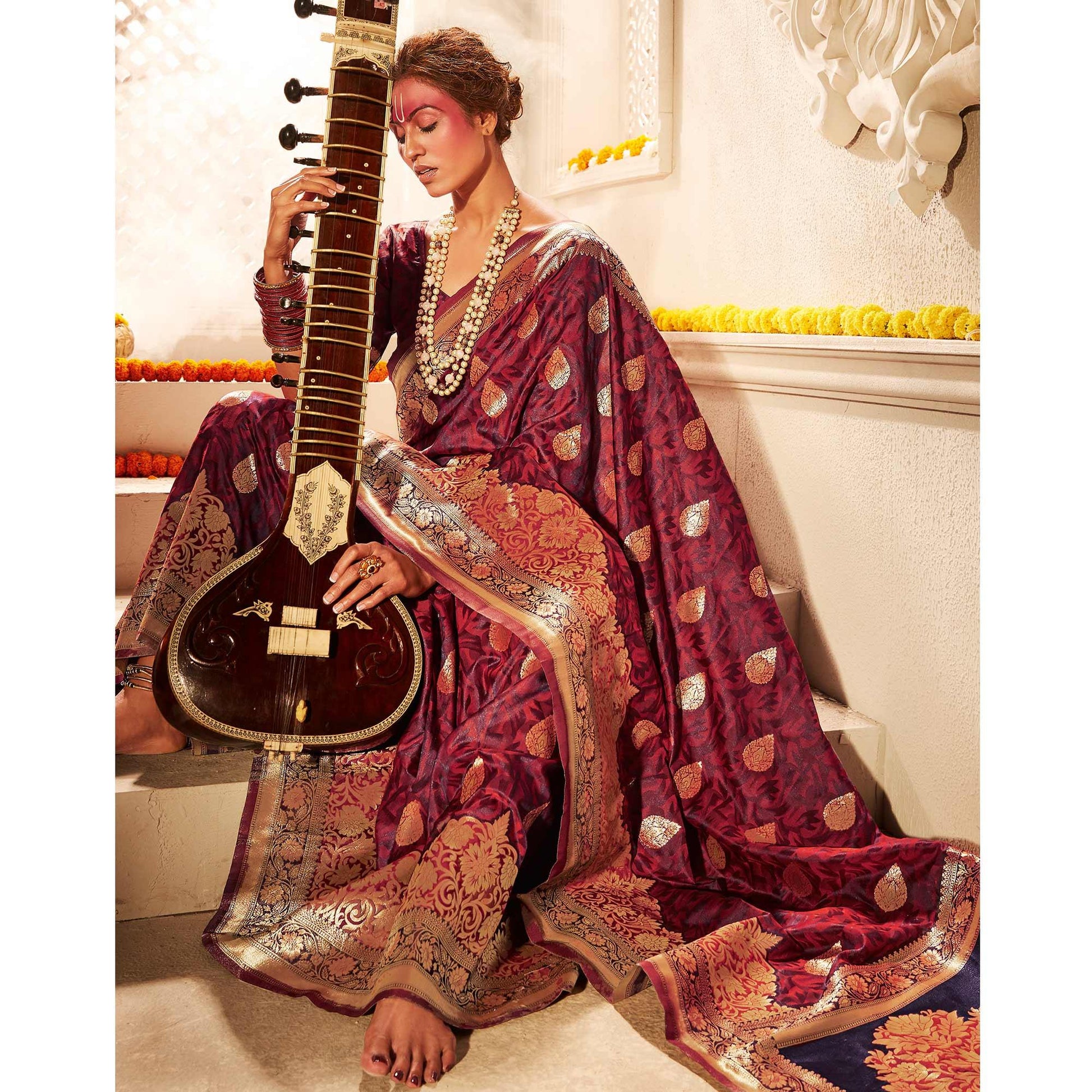 Eye-catching Wine Colored Festive Wear Woven Banarasi Silk Saree