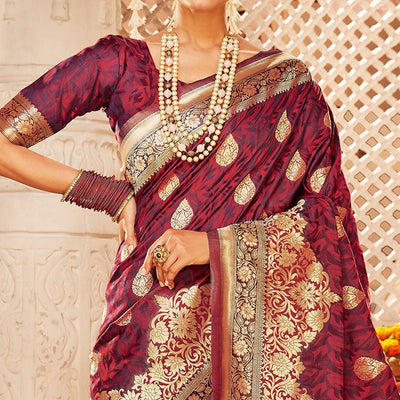 Eye-catching Wine Colored Festive Wear Woven Banarasi Silk Saree