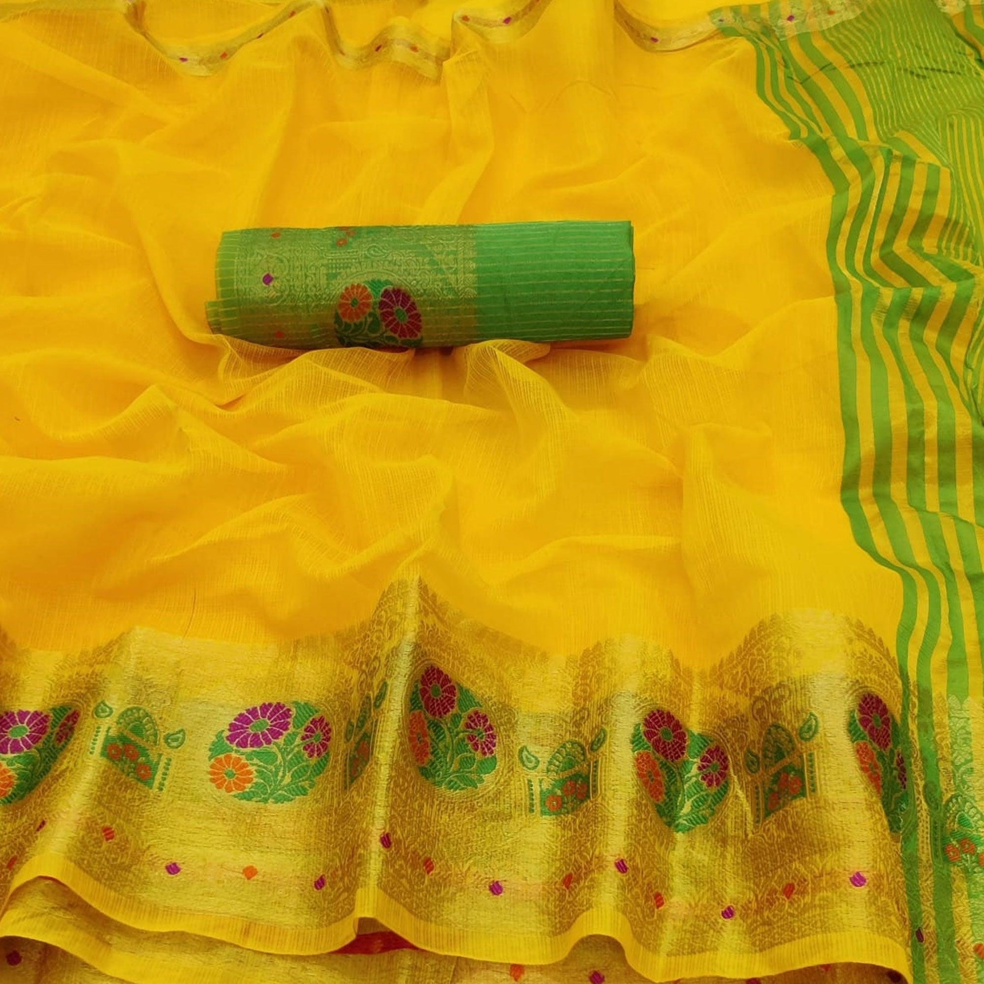 Eye-catching Yellow Colored Festive Wear Woven Heavy Cotton Saree