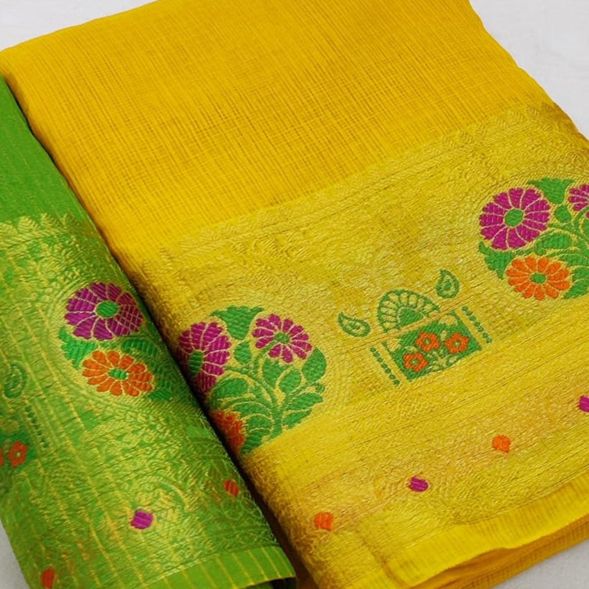 Eye-catching Yellow Colored Festive Wear Woven Heavy Cotton Saree