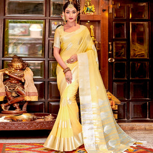 Eye-catching Yellow Colored Festive Wear Woven Linen Sareee