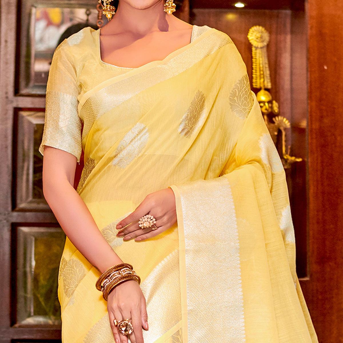Eye-catching Yellow Colored Festive Wear Woven Linen Sareee
