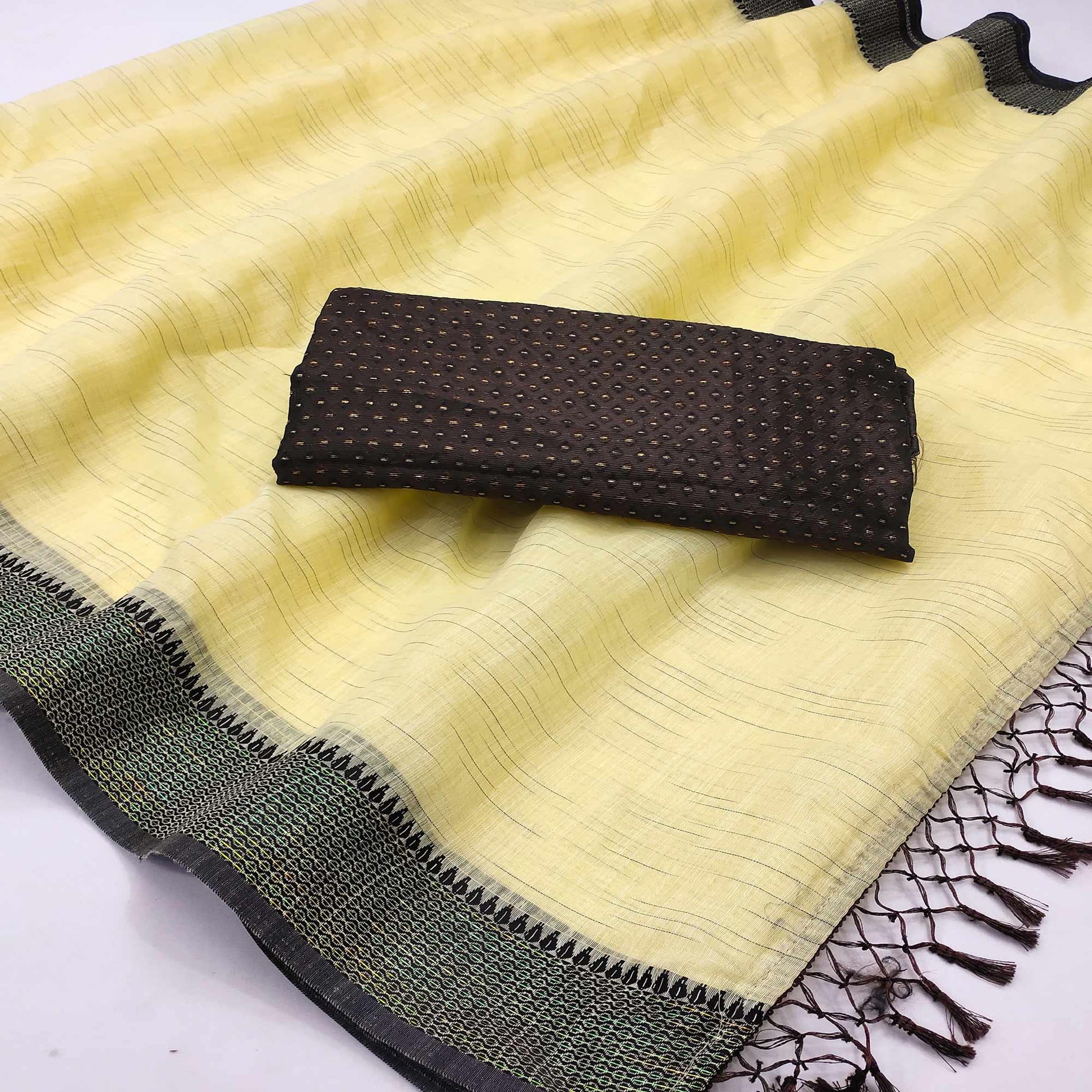 Eye-catching Yellow Colored lining Pattern Casual Wear Cotton Saree
