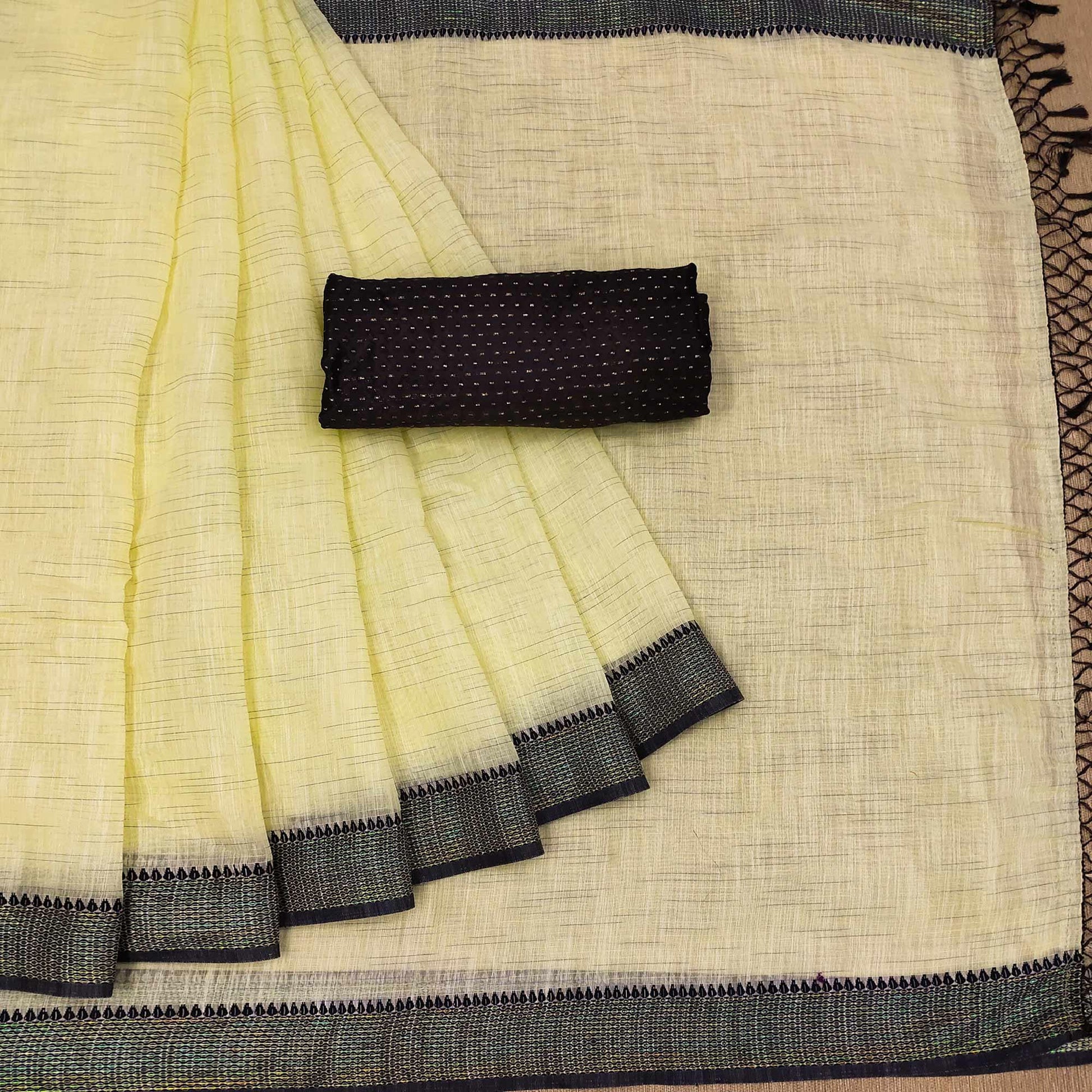 Eye-catching Yellow Colored lining Pattern Casual Wear Cotton Saree