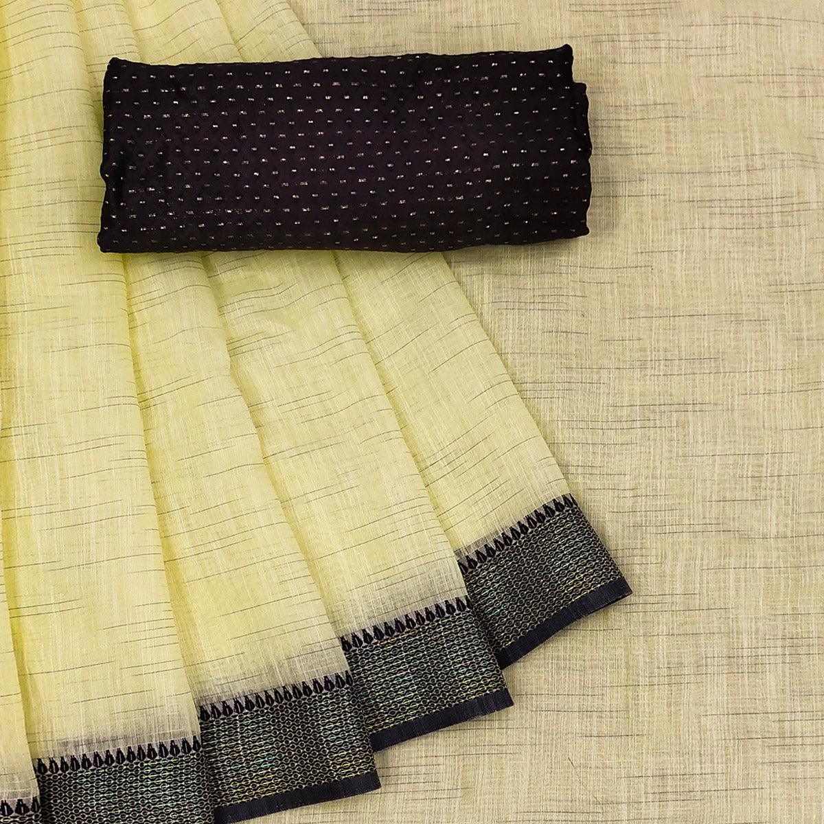 Eye-catching Yellow Colored lining Pattern Casual Wear Cotton Saree
