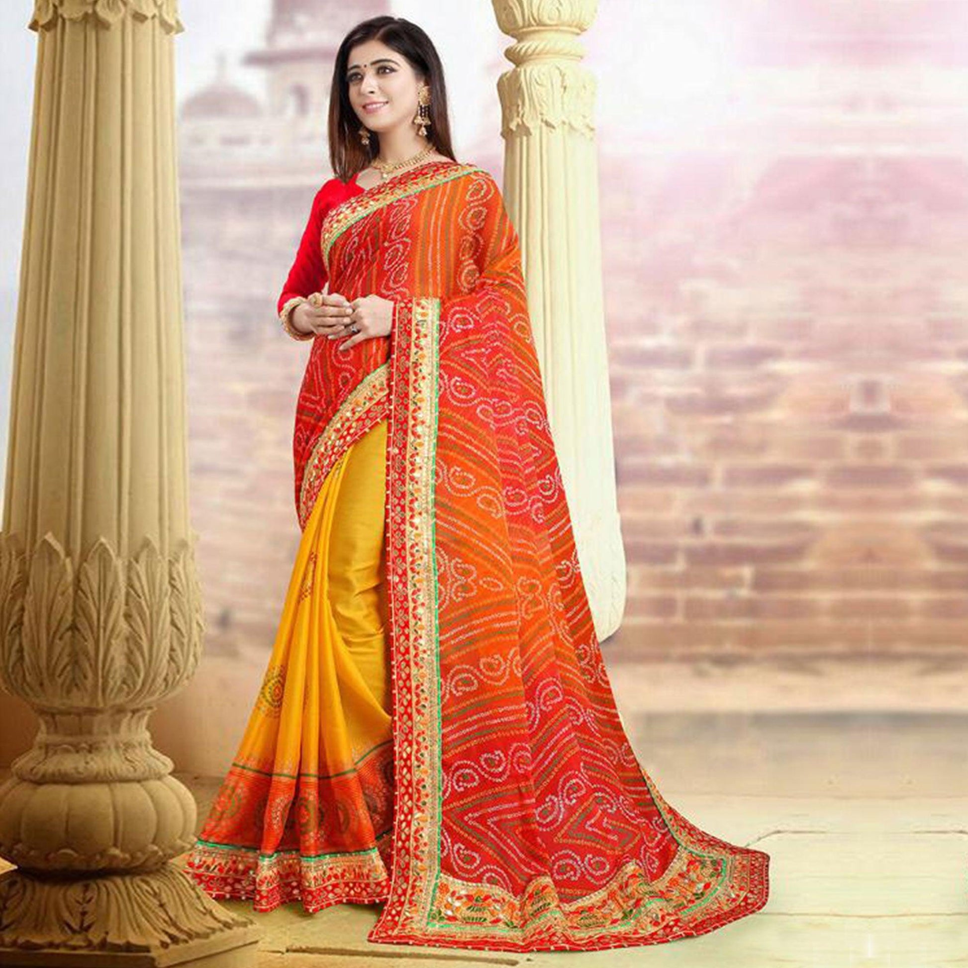Eye-catching Yellow-Red Colored Festive Wear Zari Work Moss Chiffon Half-Half Saree