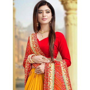 Eye-catching Yellow-Red Colored Festive Wear Zari Work Moss Chiffon Half-Half Saree