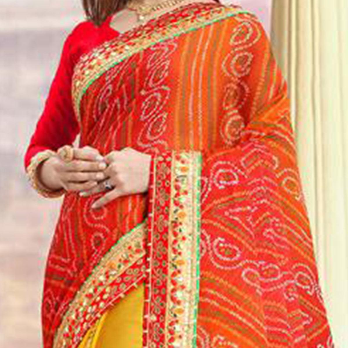 Eye-catching Yellow-Red Colored Festive Wear Zari Work Moss Chiffon Half-Half Saree