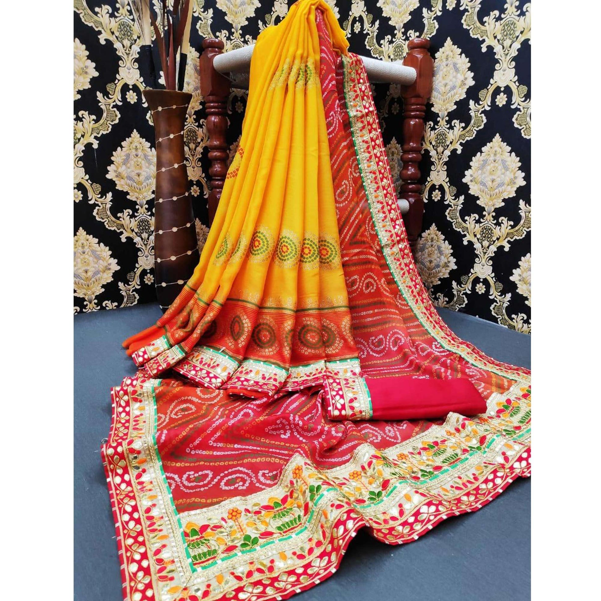 Eye-catching Yellow-Red Colored Festive Wear Zari Work Moss Chiffon Half-Half Saree