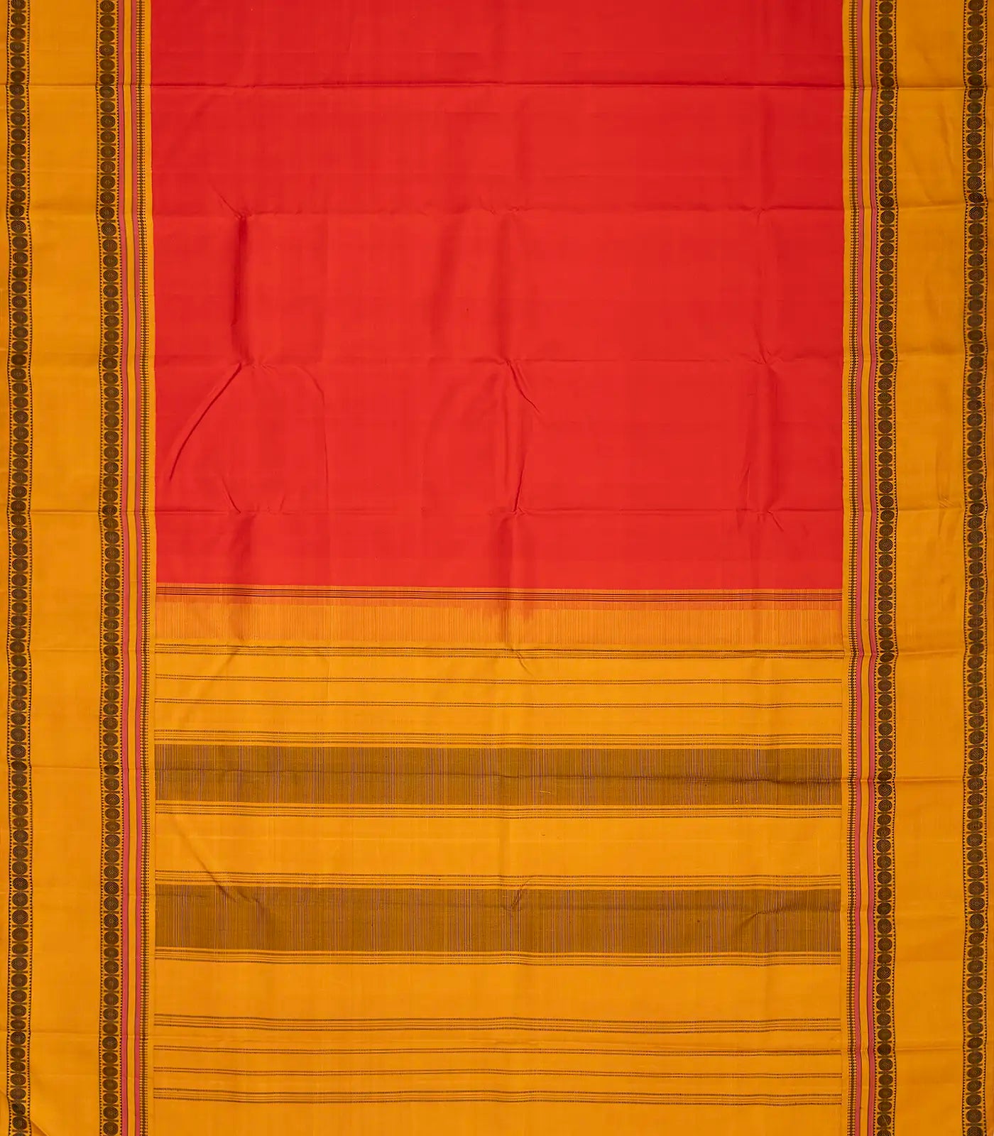 Red Handloom Kanchipuram Korvai Silk Saree With Mustard Border