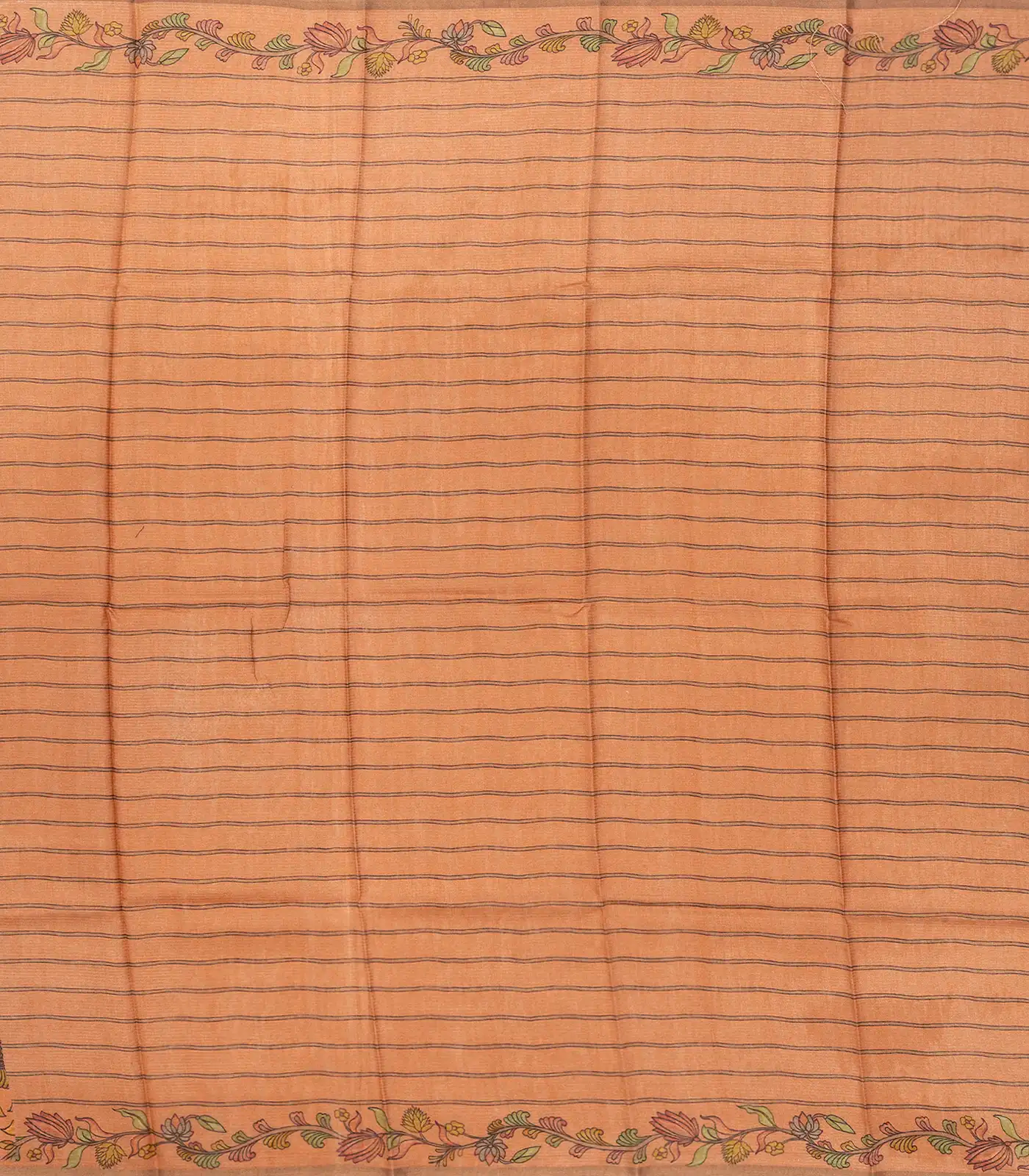 Peach Handloom Tussar Silk Saree Printed With Floral Vine Motifs