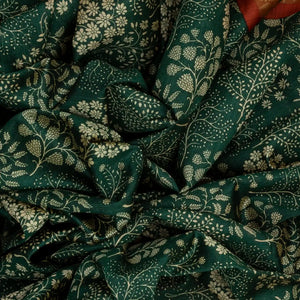 Bottle Green Tussar Silk Saree Is Printed With Tree Motifs