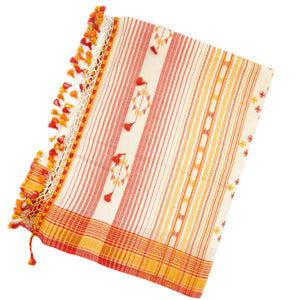 Off White Handloom Bhujodi Cotton Saree With Mustard Stripes