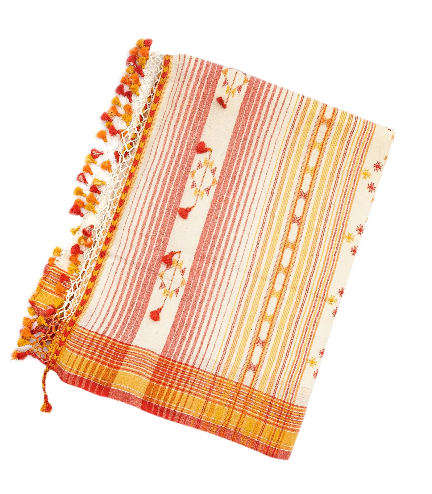 Off White Handloom Bhujodi Cotton Saree With Mustard Stripes
