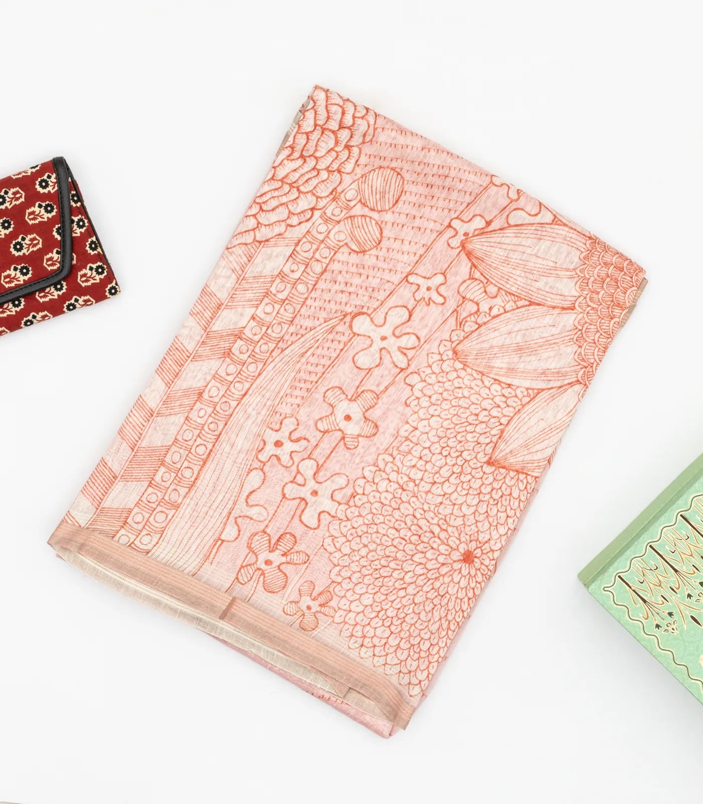 Peach Handwoven Linen Saree Printed With Flower Motifs