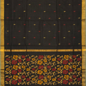 Black Handloom Uppada Silk Saree With Floral Buttas & Zari Border