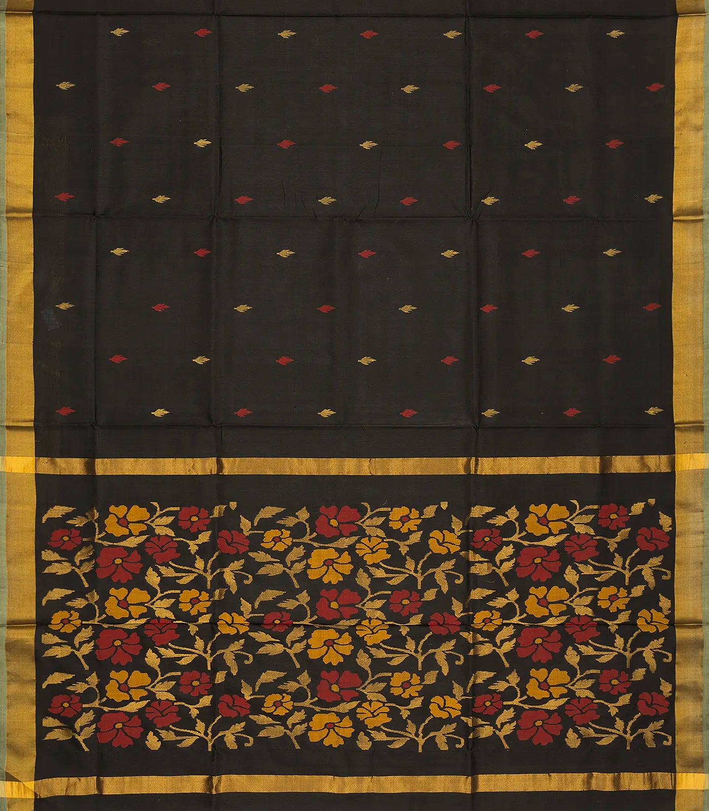Black Handloom Uppada Silk Saree With Floral Buttas & Zari Border