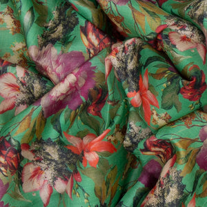 Green Handloom Printed Tussar Silk Saree With Floral Motifs-Green