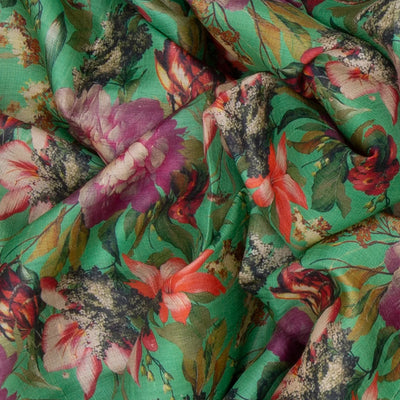 Green Handloom Printed Tussar Silk Saree With Floral Motifs-Green