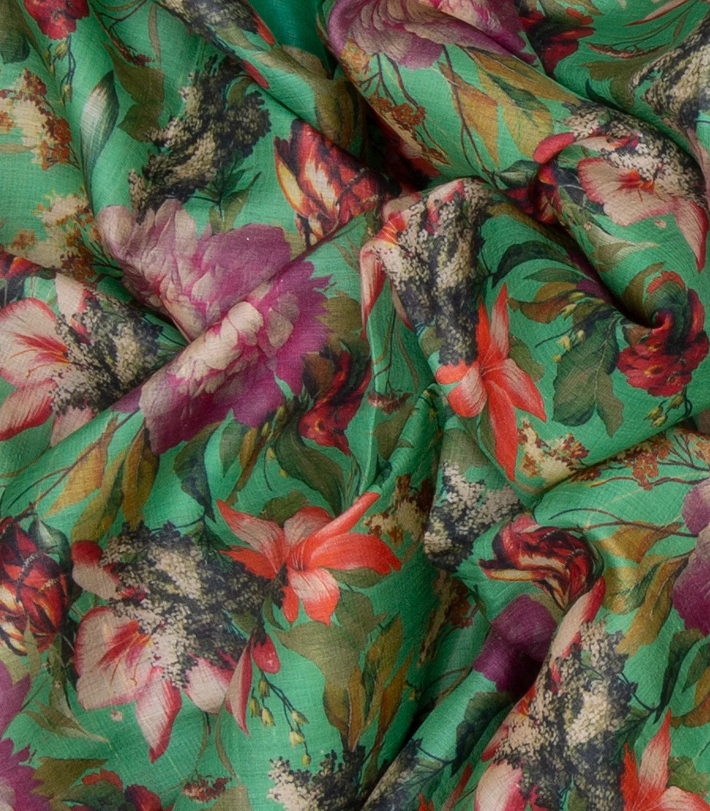 Green Handloom Printed Tussar Silk Saree With Floral Motifs-Green