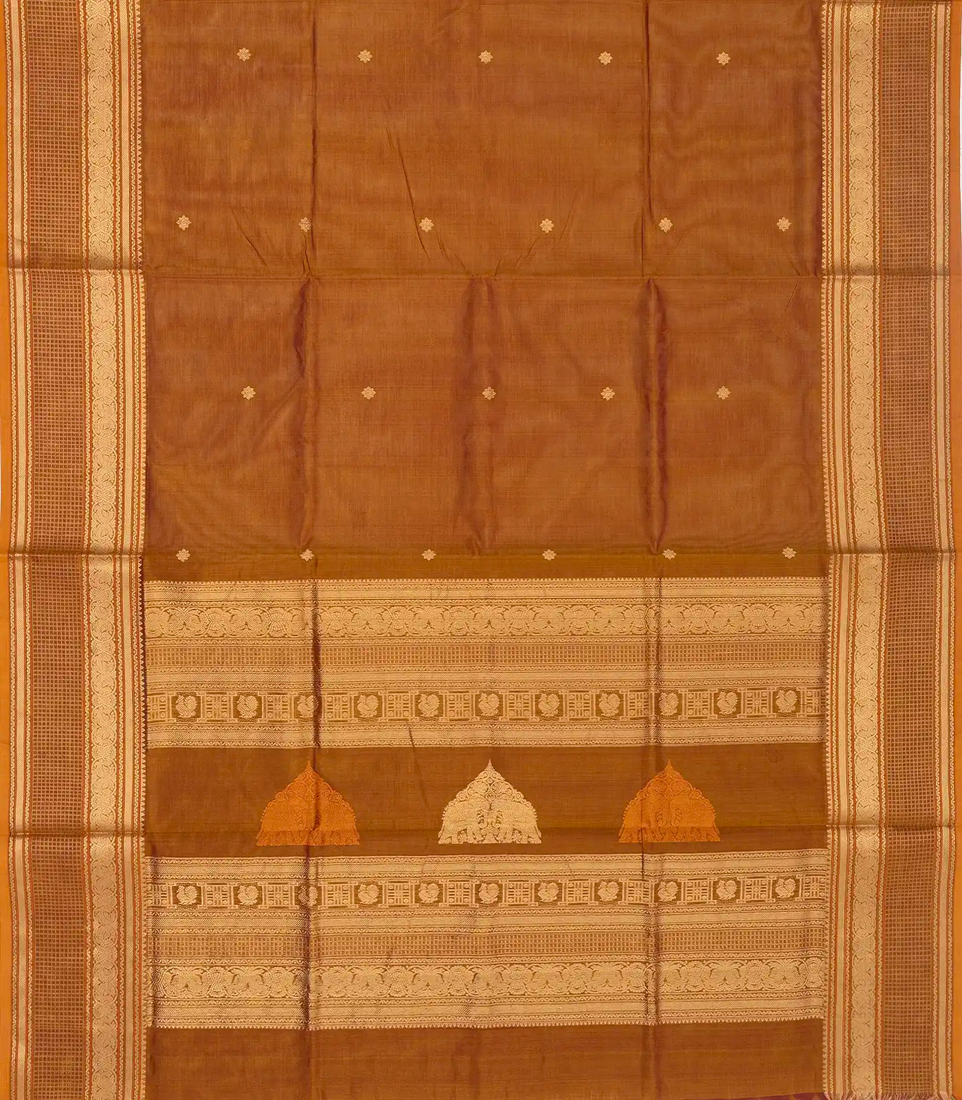 Honey Amber Handloom Silk Cotton With Kalamam Buttas and Checked border