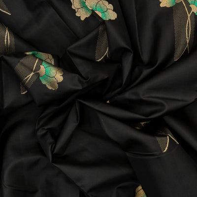 Black Handloom Kanchipuram Silk Saree With Floral Buttas