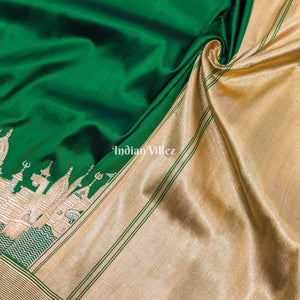 Bottle Green Handwoven Banarasi Katan Silk Saree with Kashi Ghat Weaves