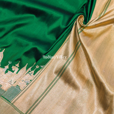 Bottle Green Handwoven Banarasi Katan Silk Saree with Kashi Ghat Weaves