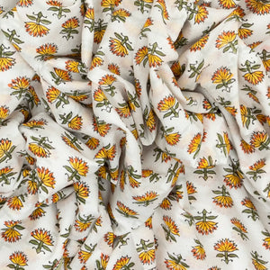 White Woven Jaipur Cotton Saree With Mustard Printed Lotus Motifs