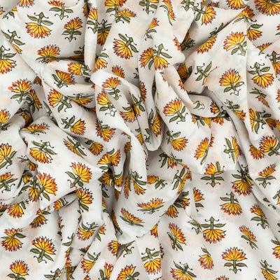 White Woven Jaipur Cotton Saree With Mustard Printed Lotus Motifs