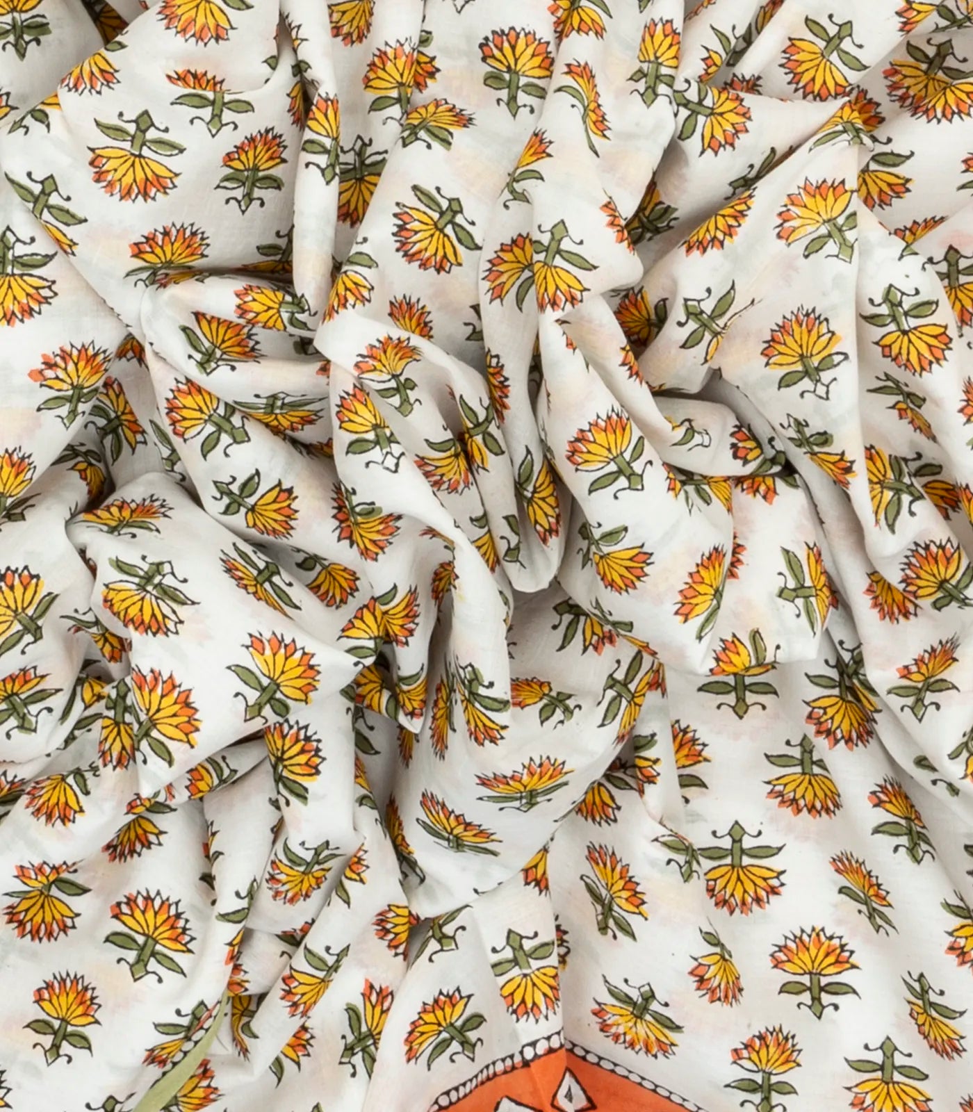 White Woven Jaipur Cotton Saree With Mustard Printed Lotus Motifs