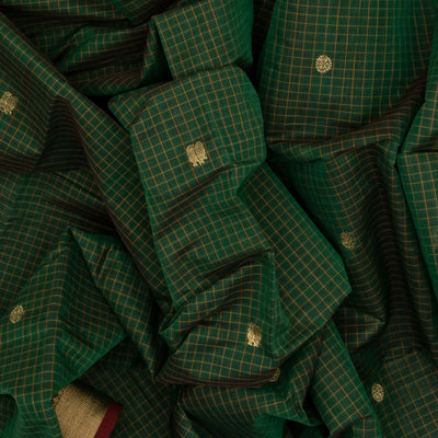 Bottle Green Handloom Kanchi Cotton Saree With Checks & Zari Buttas