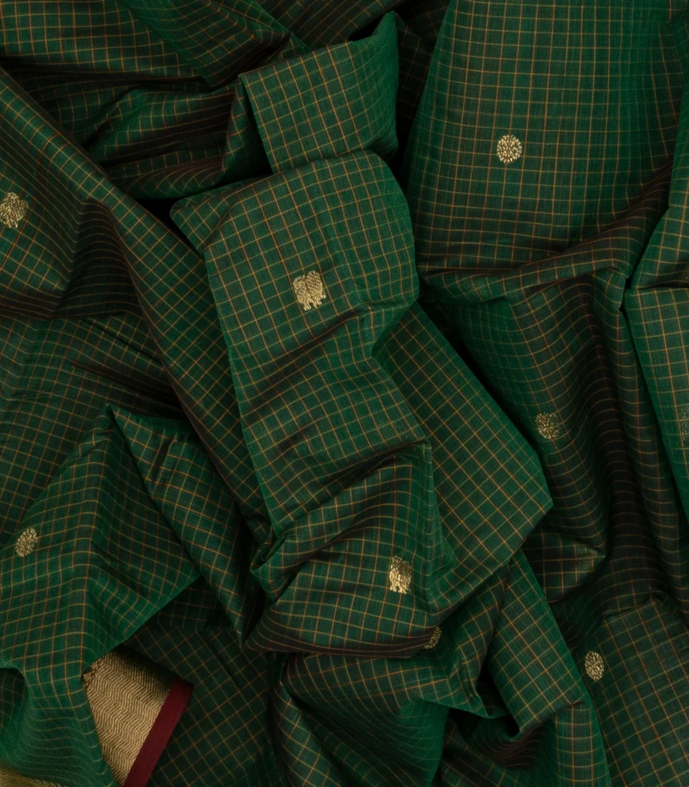 Bottle Green Handloom Kanchi Cotton Saree With Checks & Zari Buttas