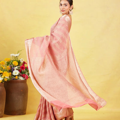 Dusty Pink Crepe Silk Saree With Diagonal Zari Stripes